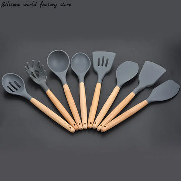 Utensílios de Silicone com Cabo de Madeira Natural